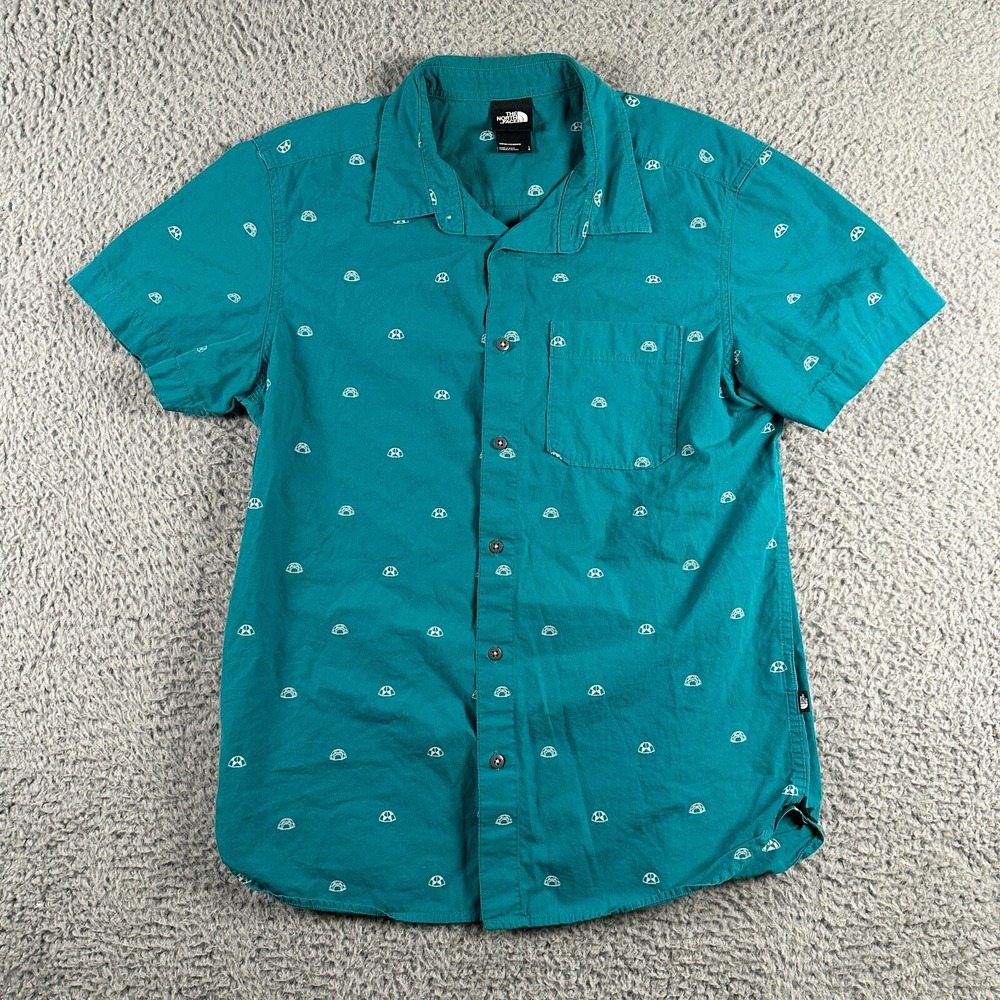 The North Face Shirt Men's L Teal Tent Print Button Up Short Sleeve Gorpcore